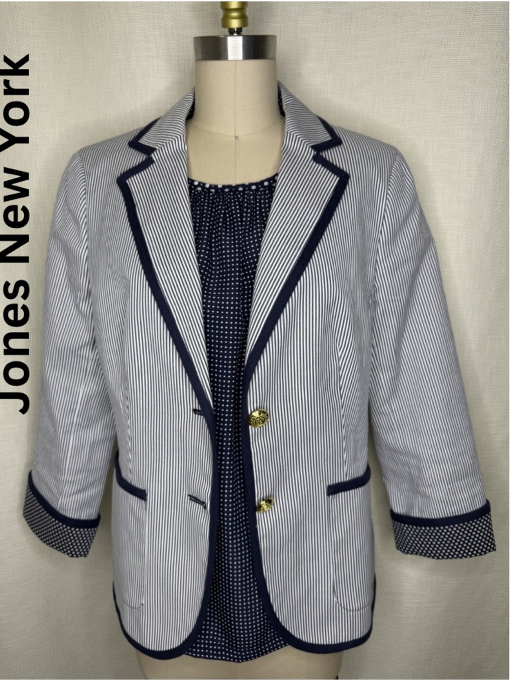 Jones New York 2-Piece Set Size 8 Navy Striped Blazer & Polka Dot Top Chic Prep